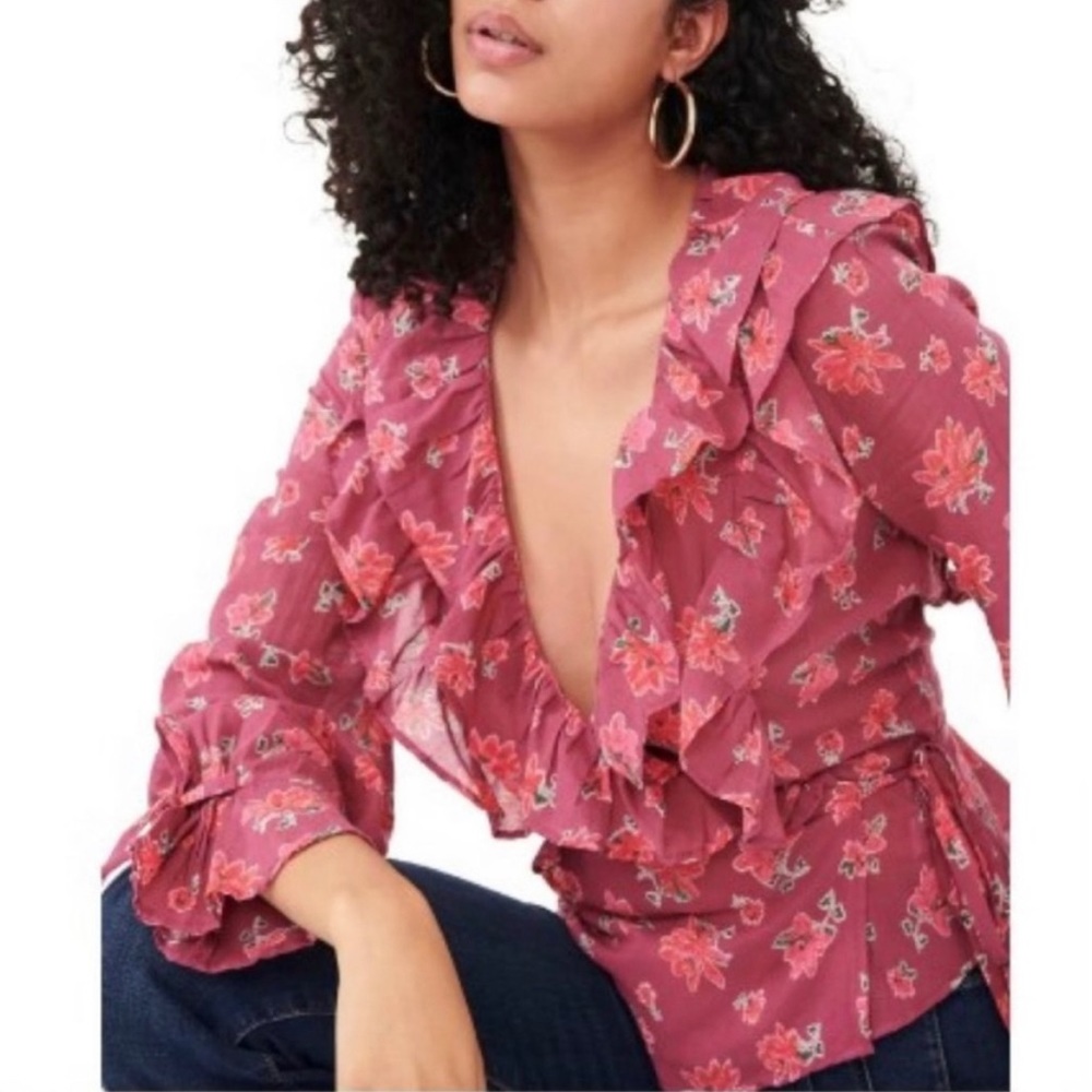 Free People Amanda Floral Print Ruffle Wrap V- Neck Top Size Medium